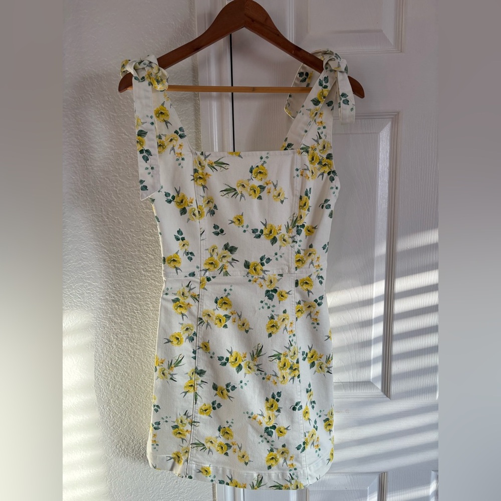 Alice + Olivia Maryann Tie Shoulder Mini Dress Yellow Floral White Denim size 4 - Picture 7 of 9